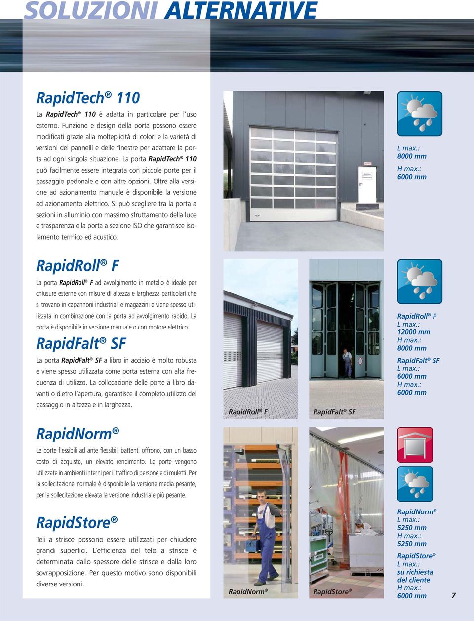 La porta RapidTech 110 può facilmente essere integrata con piccole porte per il passaggio pedonale e con altre opzioni.