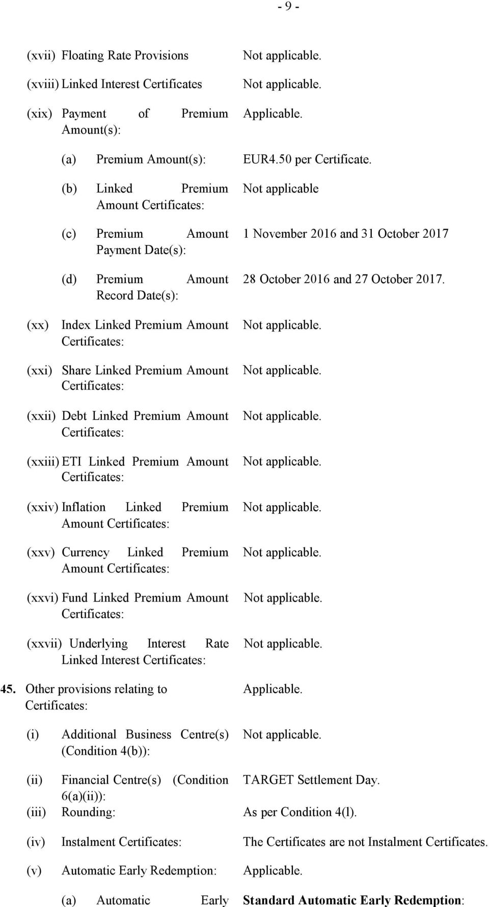 Record Date(s): (xx) Index Linked Premium Amount Certificates: (xxi) Share Linked Premium Amount Certificates: (xxii) Debt Linked Premium Amount Certificates: (xxiii) ETI Linked Premium Amount