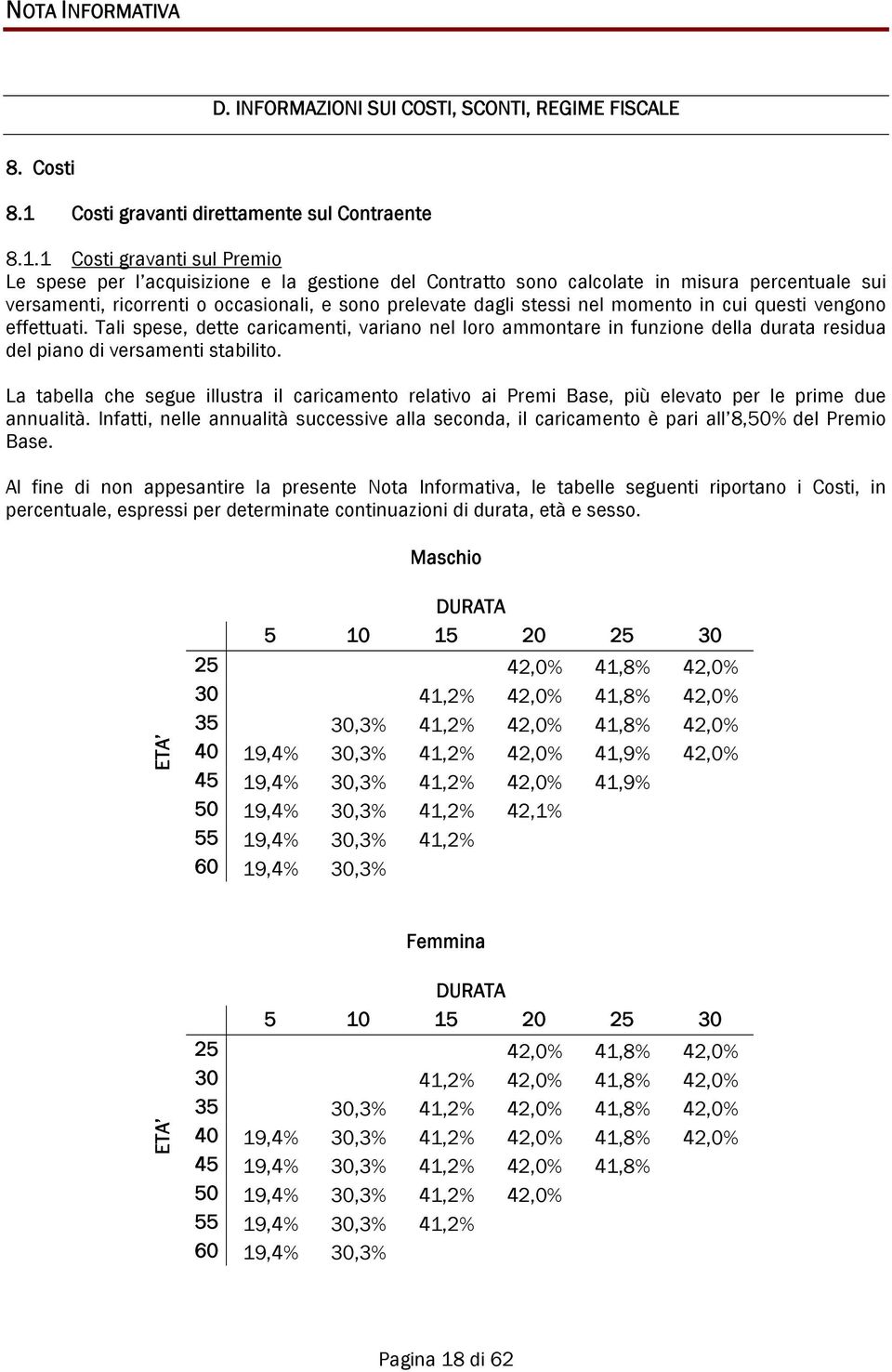 1 Costi gravanti sul Premio Le spese per l acquisizione e la gestione del Contratto sono calcolate in misura percentuale sui versamenti, ricorrenti o occasionali, e sono prelevate dagli stessi nel