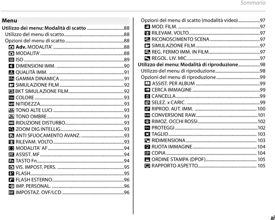 ..93 R ZOOM DIG INTELLIG...93 Z ANTI SFUOCAMENTO AVANZ....93 b RILEVAM. VOLTO...93 F MODALITA AF...94 c ASSIST. MF...94 F TASTO Fn...94 v VIS. IMPOST. PERS....95 I FLASH...95 g FLASH ESTERNO...96 K IMP.