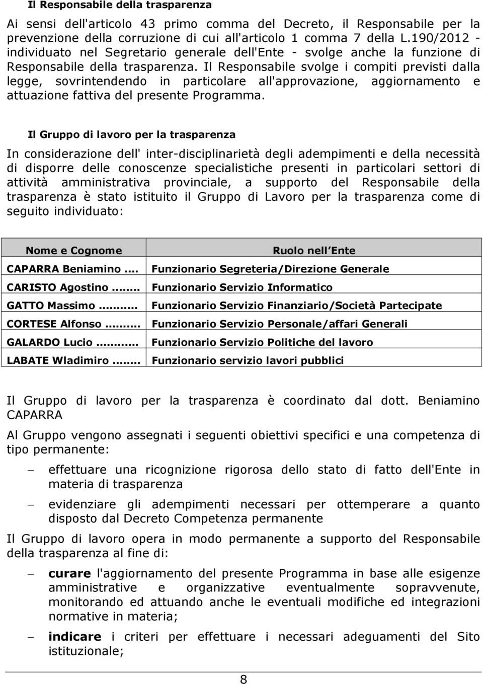 Il Responsabile svolge i compiti previsti dalla legge, sovrintendendo in particolare all'approvazione, aggiornamento e attuazione fattiva del presente Programma.