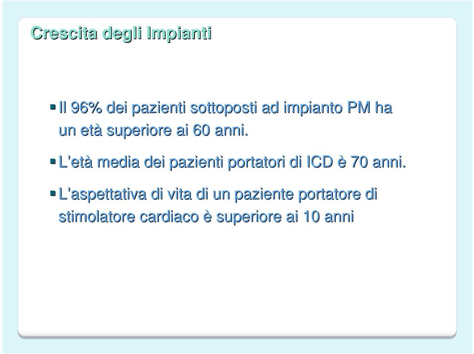 L età media dei pazienti portatori di ICD è 70 anni.