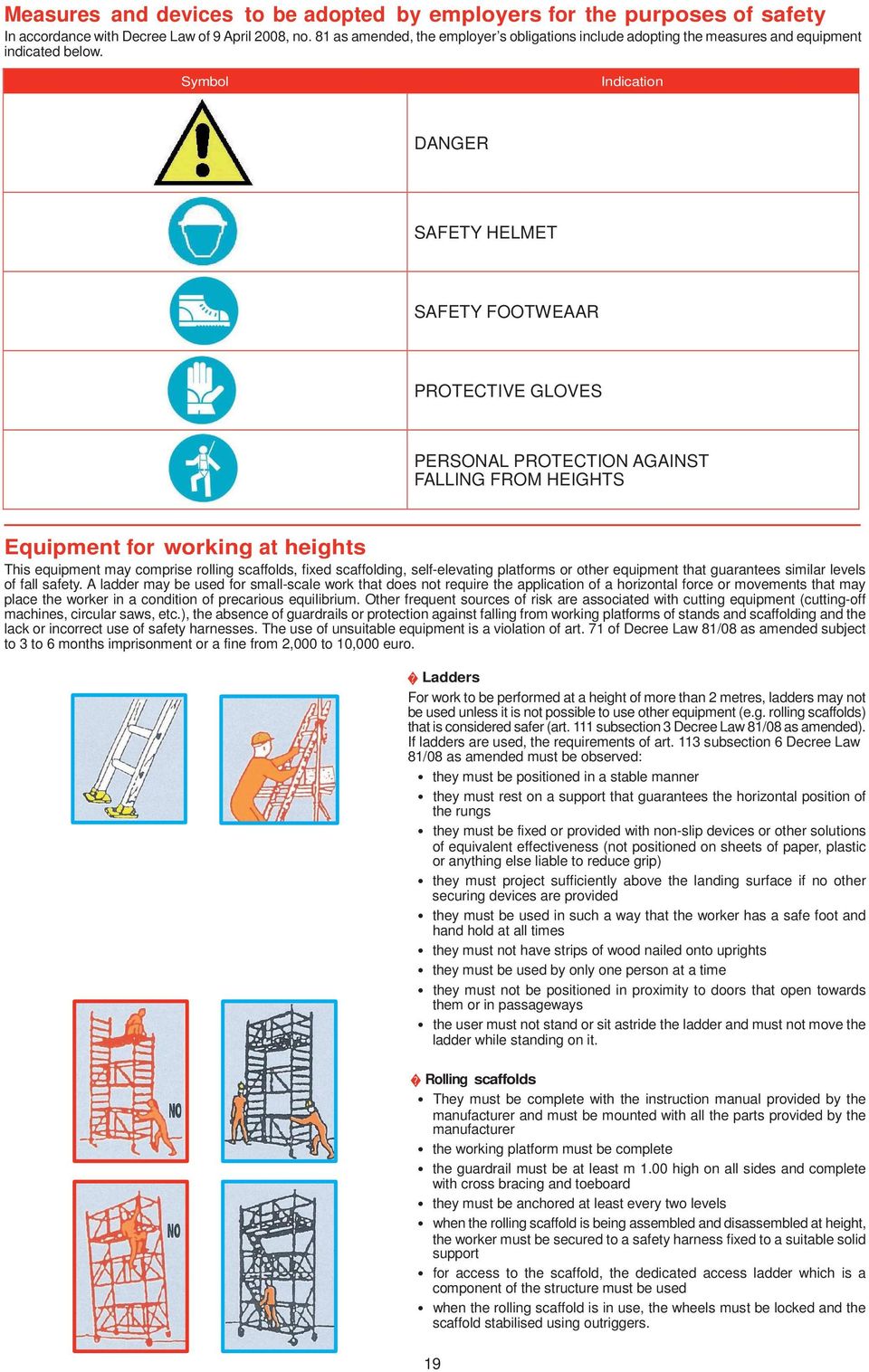Symbol Indication DANGER SAFETY HELMET SAFETY FOOTWEAAR PROTECTIVE GLOVES PERSONAL PROTECTION AGAINST FALLING FROM HEIGHTS Equipment for working at heights This equipment may comprise rolling
