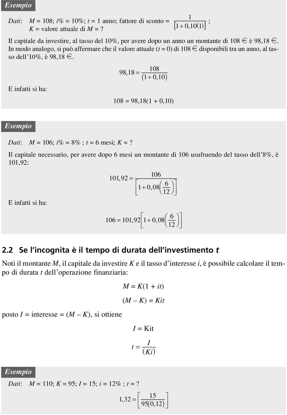 Il capale necessaro, per avere dopo 6 mes un monane d 06 usufruendo del asso dell 8%, è 0,92: E nfa s ha: 06 0, 92 = + 0, 08 Ê 6 ˆ Í Ë 2 06 = 0 92 + 0 08 Ê 6 ˆ,, Í Ë 2 2.