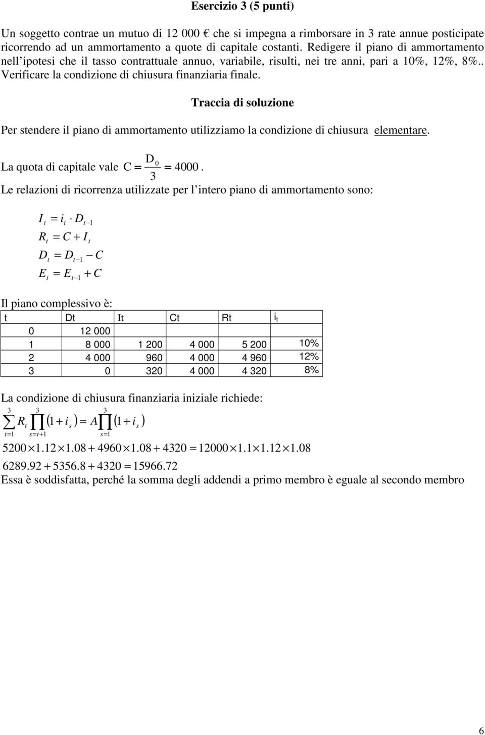 Per sendere il piano di ammorameno uilizziamo la condizione di chiusura elemenare. D La quoa di capiale vale C = 0 = 4000.