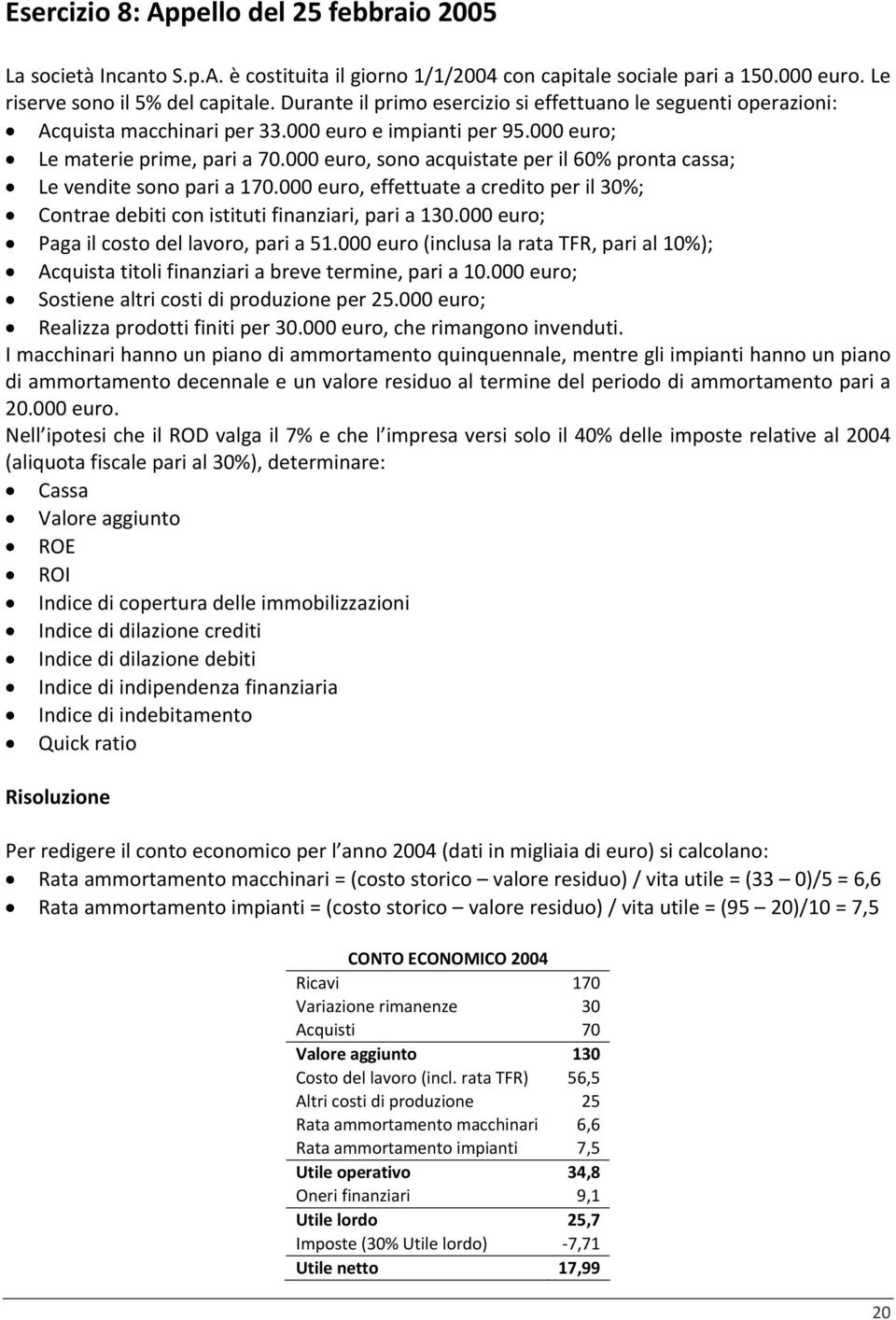 000 euro, sono acquistate per il 60% pronta cassa; Le vendite sono pari a 170.000 euro, effettuate a credito per il 30%; Contrae debiti con istituti finanziari, pari a 130.