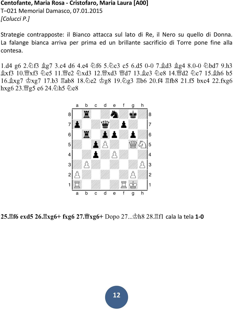 La falange bianca arriva per prima ed un brillante sacrificio di Torre pone fine alla contesa. 1.d4 g6 2. f3 g7 3.c4 d6 4.e4 f6 5. c3 c5 6.d5 0-0 7. d3 g4 8.