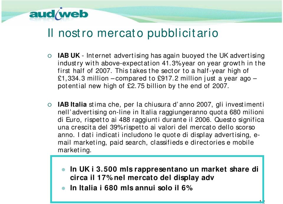 IAB Italia stima che, per la chiusura d anno 2007, gli investimenti nell advertising on-line in Italia raggiungeranno quota 680 milioni di Euro, rispetto ai 488 raggiunti durante il 2006.