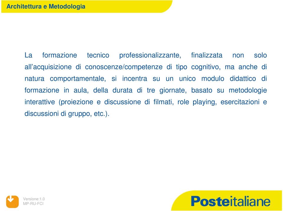 incentra su un unico modulo didattico di formazione in aula, della durata di tre giornate, basato su