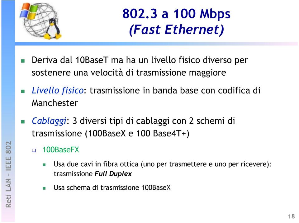 diversi tipi di cablaggi con 2 schemi di trasmissione (100BaseX e 100 Base4T+) 100BaseFX Usa due cavi in fibra