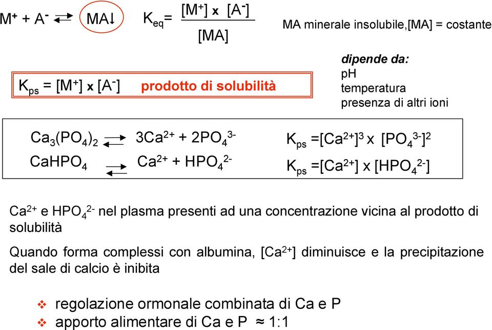 [HPO 4 2- ] Ca 2+ e HPO 4 2- nel plasma presenti ad una concentrazione vicina al prodotto di solubilità Quando forma complessi con albumina,