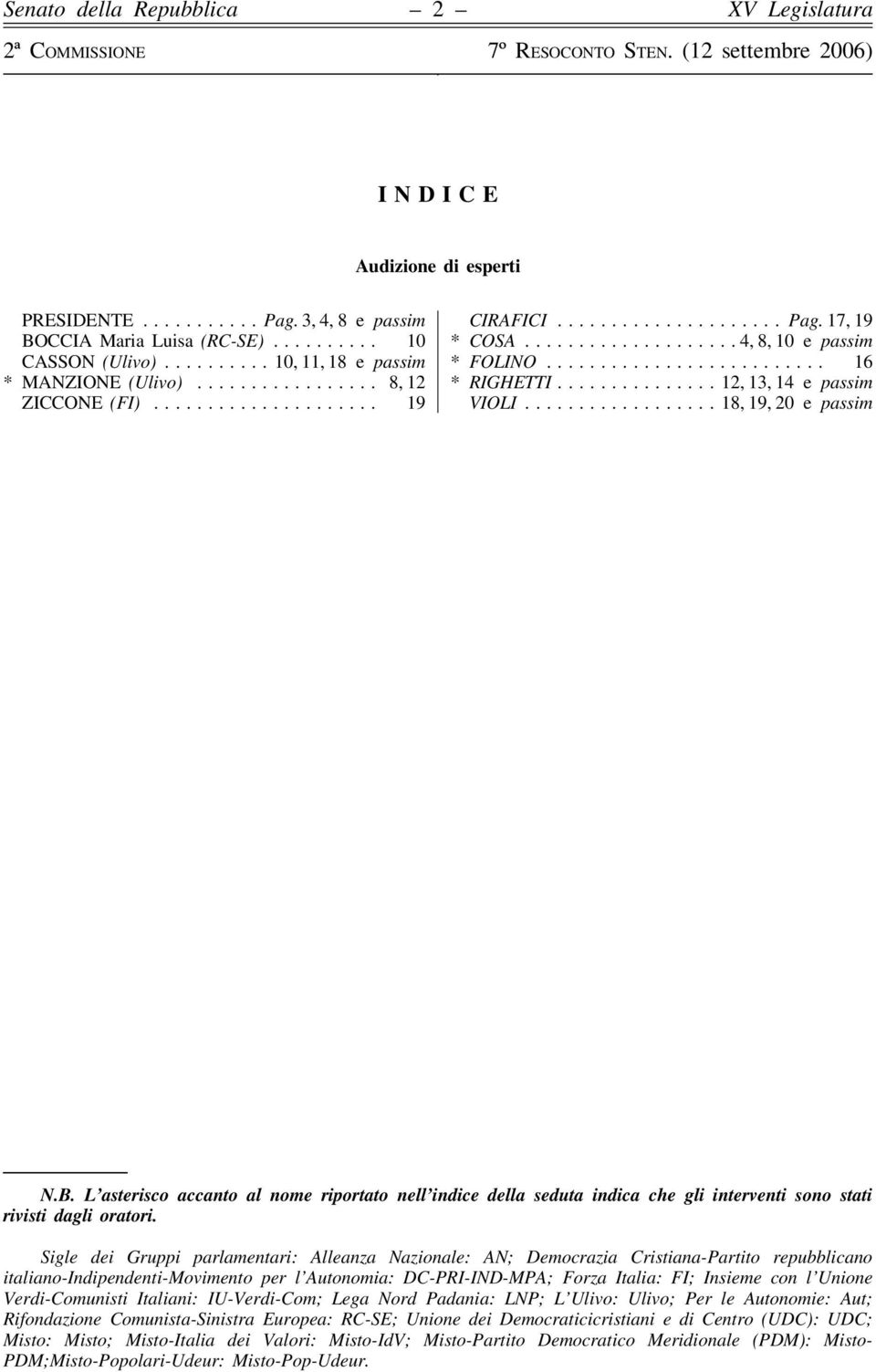 L asterisco accanto al nome riportato nell indice della seduta indica che gli interventi sono stati rivisti dagli oratori.