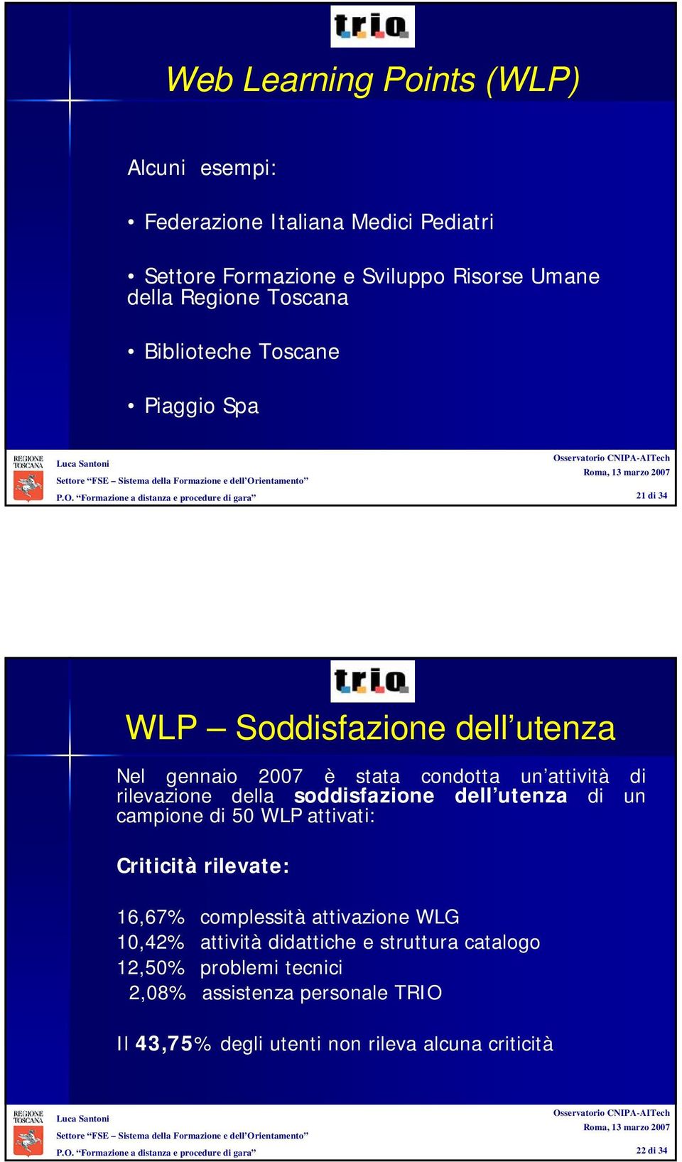 della soddisfazione dell utenza di un campione di 50 WLP attivati: Criticità rilevate: 16,67% complessità attivazione WLG 10,42% attività