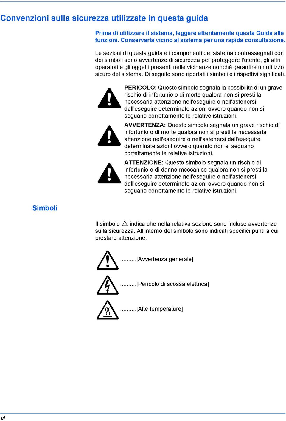 Le sezioni di questa guida e i componenti del sistema contrassegnati con dei simboli sono avvertenze di sicurezza per proteggere l'utente, gli altri operatori e gli oggetti presenti nelle vicinanze