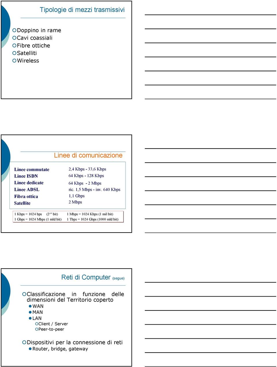 640 Kbps 1,1 Gbps 2 Mbps 1 Kbps = 1024 bps (2¹ bit) 1 Mbps = 1024 Kbps (1 mil bit) 1 Gbps = 1024 Mbps (1 mld bit) 1 Tbps = 1024 Gbps (1000 mld bit) Reti