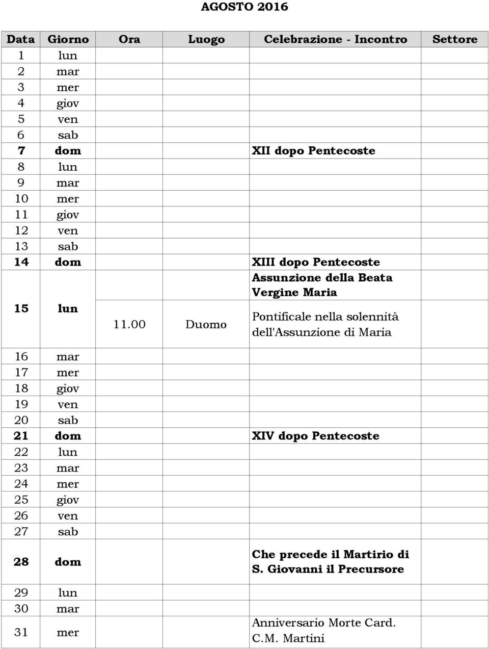 00 Duomo Pontificale nella solennità dell'ssunzione di Maria 16 mar 17 mer 18 giov 19 ven 20 21 XIV dopo