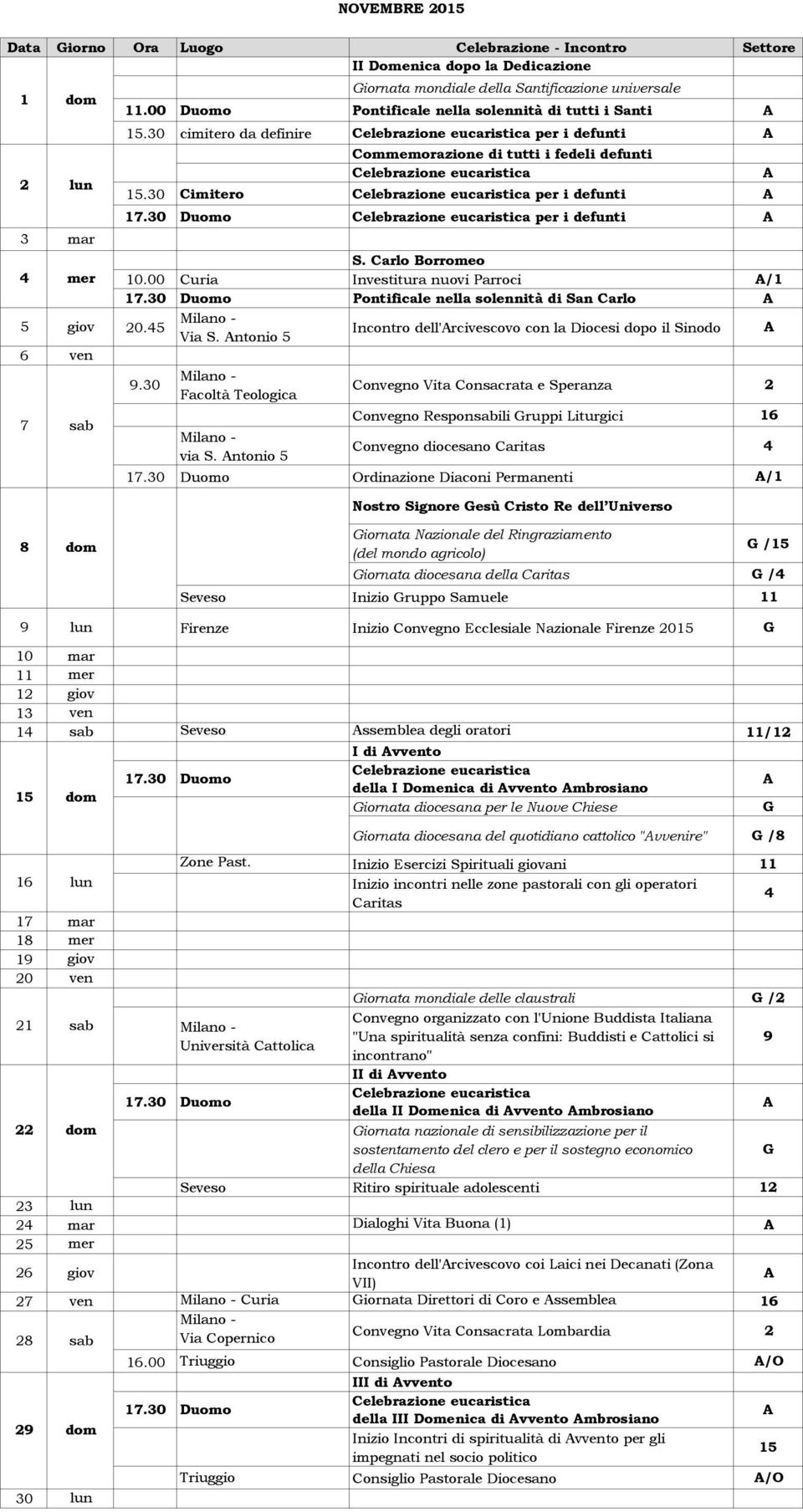 30 Cimitero Celebrazione eucaristica per i defunti Celebrazione eucaristica per i defunti S. Carlo Borromeo 4 mer 10.