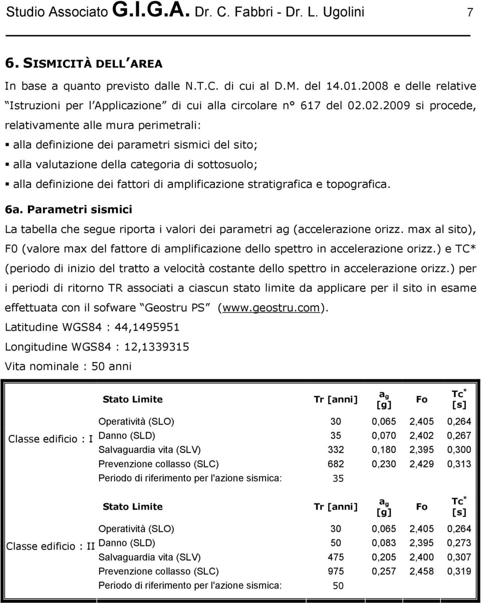 02.2009 si procede, relativamente alle mura perimetrali: alla definizione dei parametri sismici del sito; alla valutazione della categoria di sottosuolo; alla definizione dei fattori di