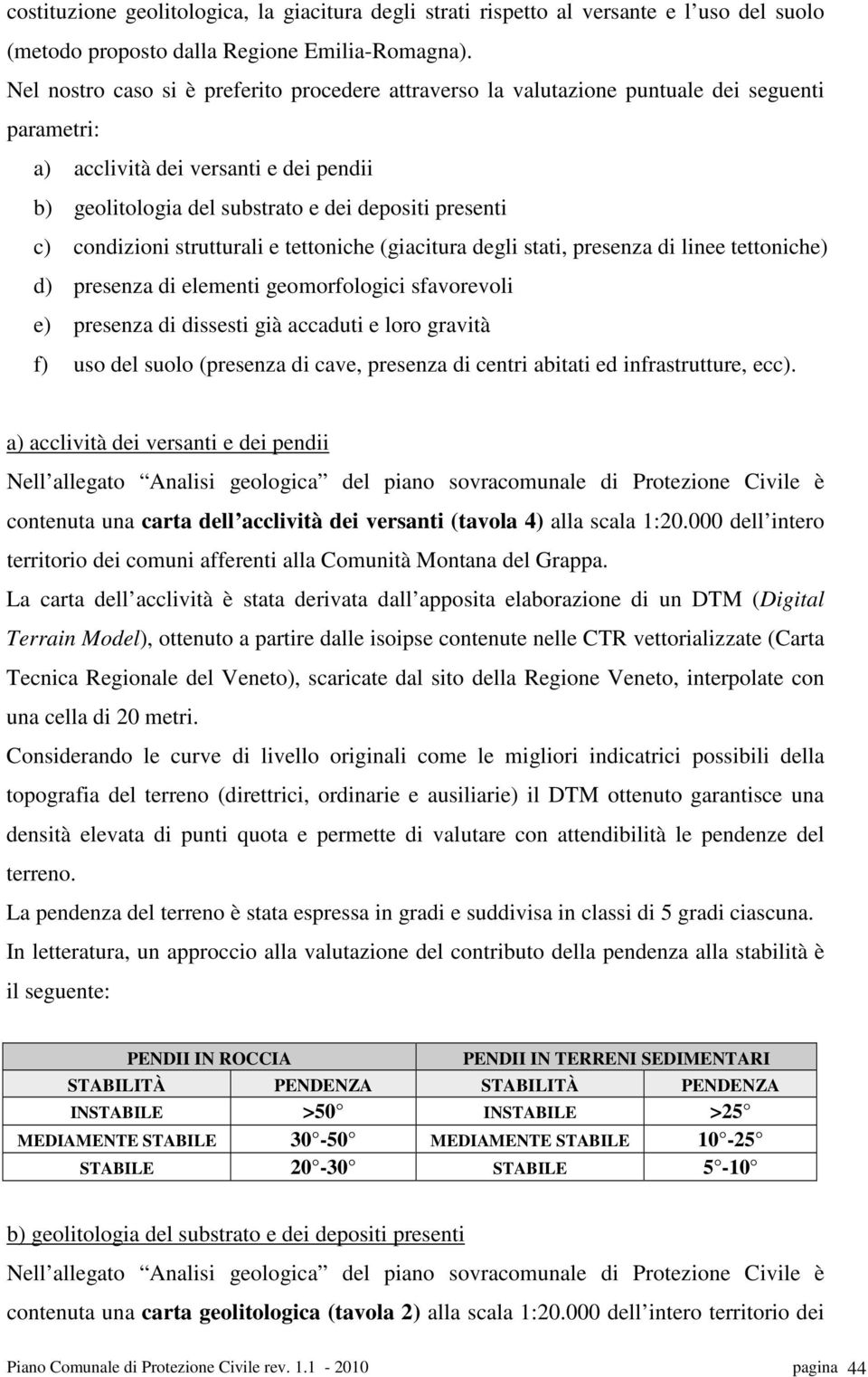 condizioni strutturali e tettoniche (giacitura degli stati, presenza di linee tettoniche) d) presenza di elementi geomorfologici sfavorevoli e) presenza di dissesti già accaduti e loro gravità f) uso