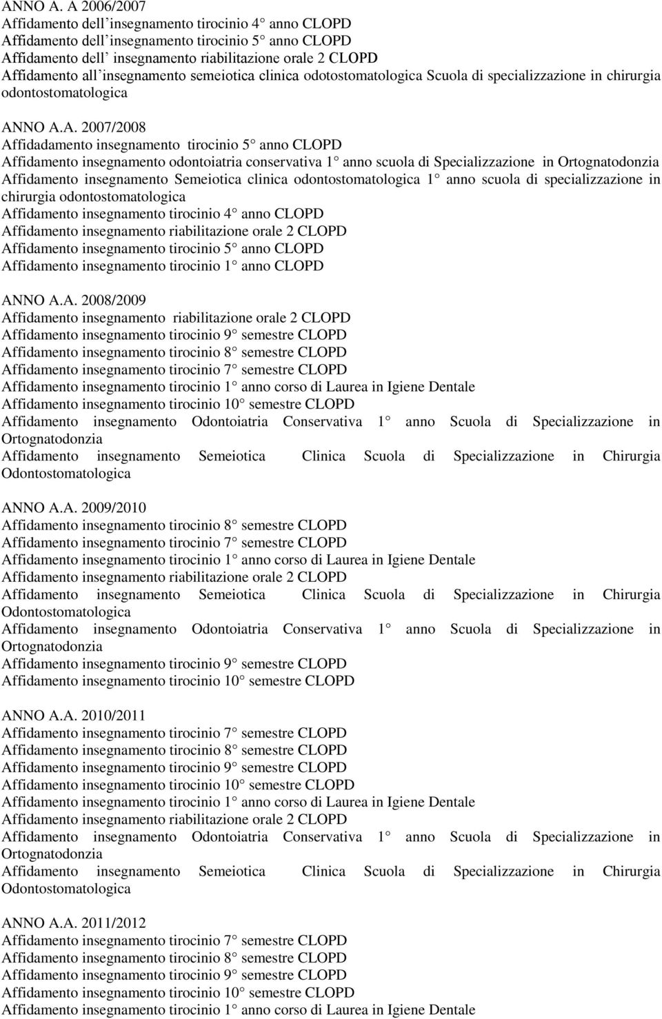 insegnamento semeiotica clinica odotostomatologica Scuola di specializzazione in chirurgia odontostomatologica A.