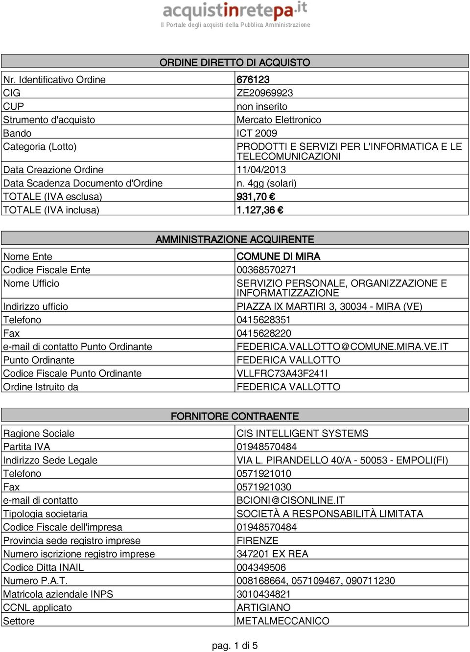 Creazione Ordine 11/04/2013 Data Scadenza Documento d'ordine n. 4gg (solari) TOTALE (IVA esclusa) 931,70 TOTALE (IVA inclusa) 1.