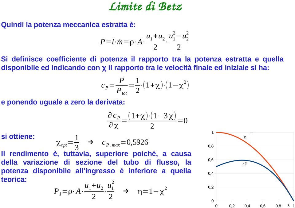 ottiene: 1 χ opt = 3 η c P, max =0,596 0,8 Il rendimento è, tuttavia, superiore poiché, a causa della variazione di sezione del tubo di flusso, la