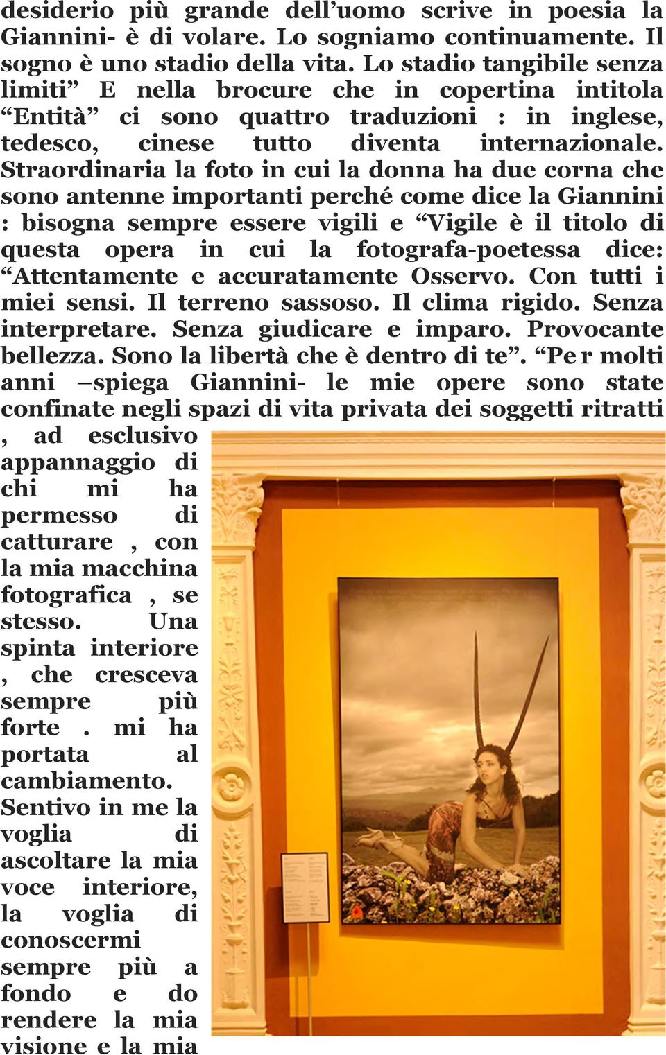 Straordinaria la foto in cui la donna ha due corna che sono antenne importanti perché come dice la Giannini : bisogna sempre essere vigili e Vigile è il titolo di questa opera in cui la