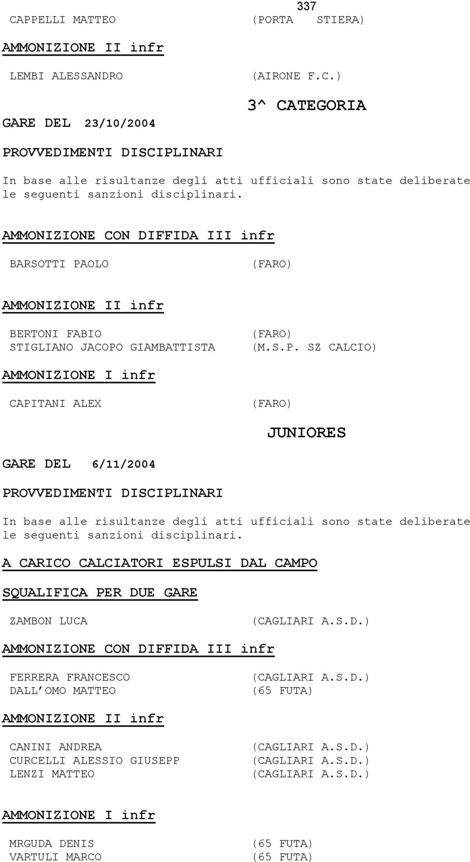 S.D.) (65 FUTA) AMMONIZIONE II infr CANINI ANDREA CURCELLI ALESSIO GIUSEPP LENZI MATTEO (CAGLIARI A.S.D.) (CAGLIARI A.S.D.) (CAGLIARI A.S.D.) AMMONIZIONE I infr MRGUDA DENIS VARTULI MARCO (65 FUTA) (65 FUTA)