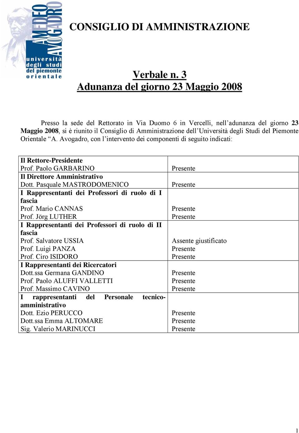 degli Studi del Piemonte Orientale A. Avogadro, con l intervento dei componenti di seguito indicati: Il Rettore-Presidente Prof. Paolo GARBARINO Il Direttore Amministrativo Dott.