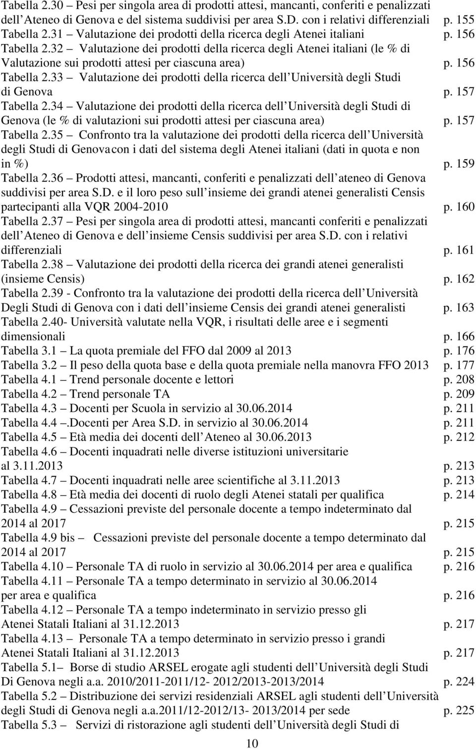32 Valutazione dei prodotti della ricerca degli Atenei italiani (le % di Valutazione sui prodotti attesi per ciascuna area) p. 156 Tabella 2.