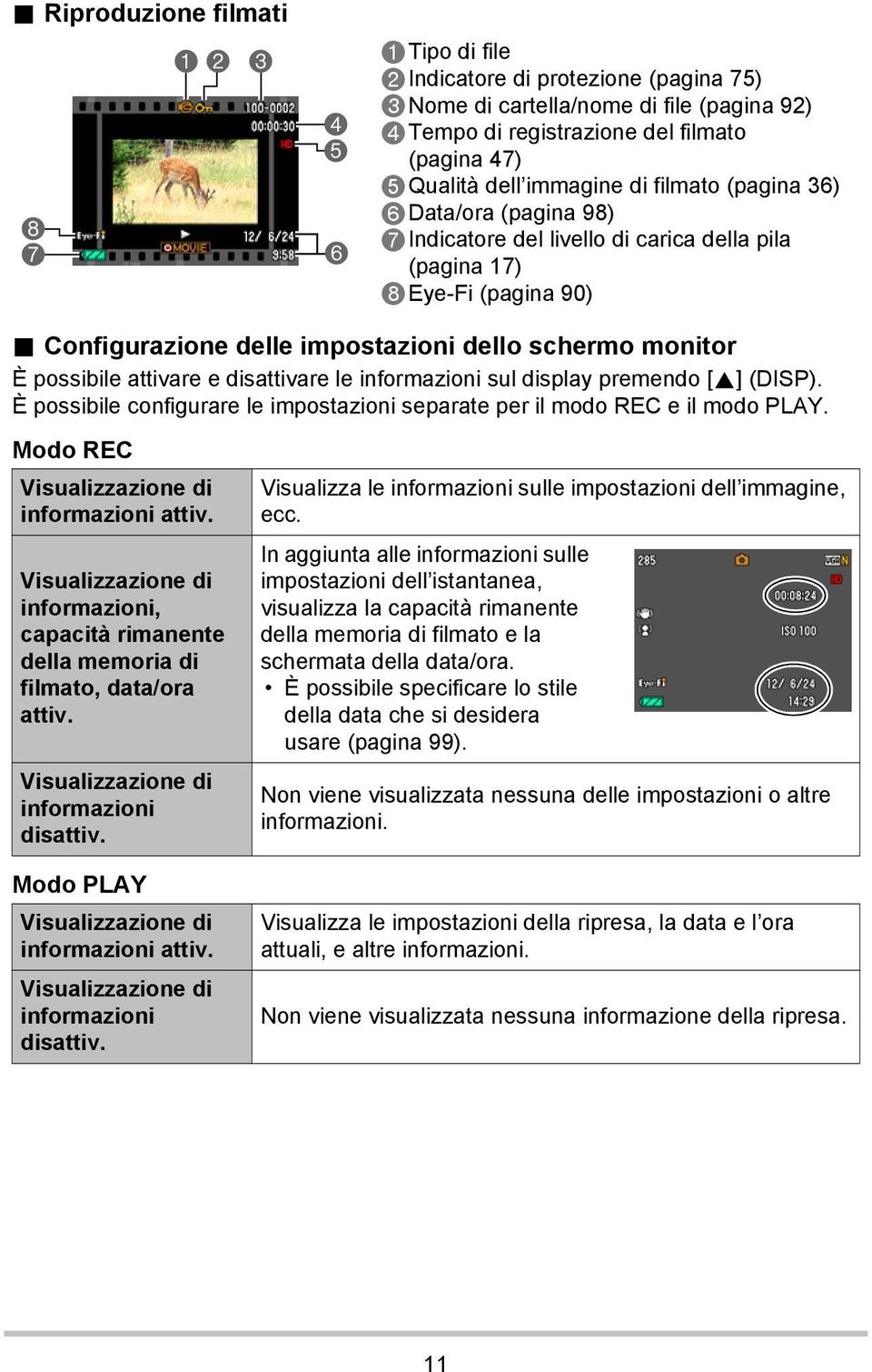 Configurazione delle impostazioni dello schermo monitor È possibile attivare e disattivare le informazioni sul display premendo [8] (DISP).