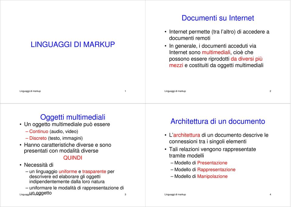 Continuo (audio, video) L architettura di un documento descrive le Discreto (testo, immagini) connessioni tra i singoli elementi Hanno caratteristiche diverse e sono presentati con modalità diverse