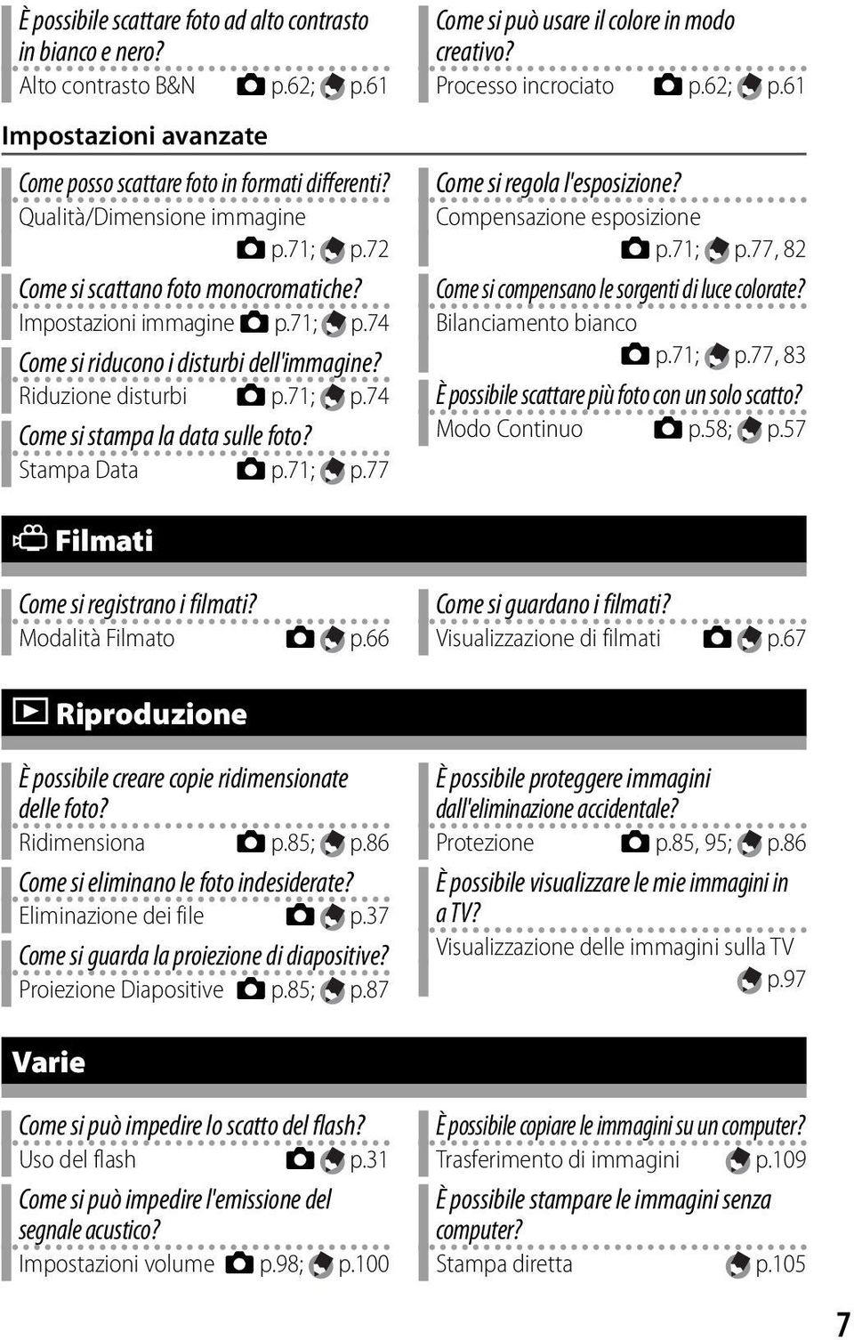 Stampa Data 5 p.71; p.77 Come si può usare il colore in modo creativo? Processo incrociato 5 p.62; p.61 Come si regola l'esposizione? Compensazione esposizione 5 p.71; p.77, 82 Come si compensano le sorgenti di luce colorate?