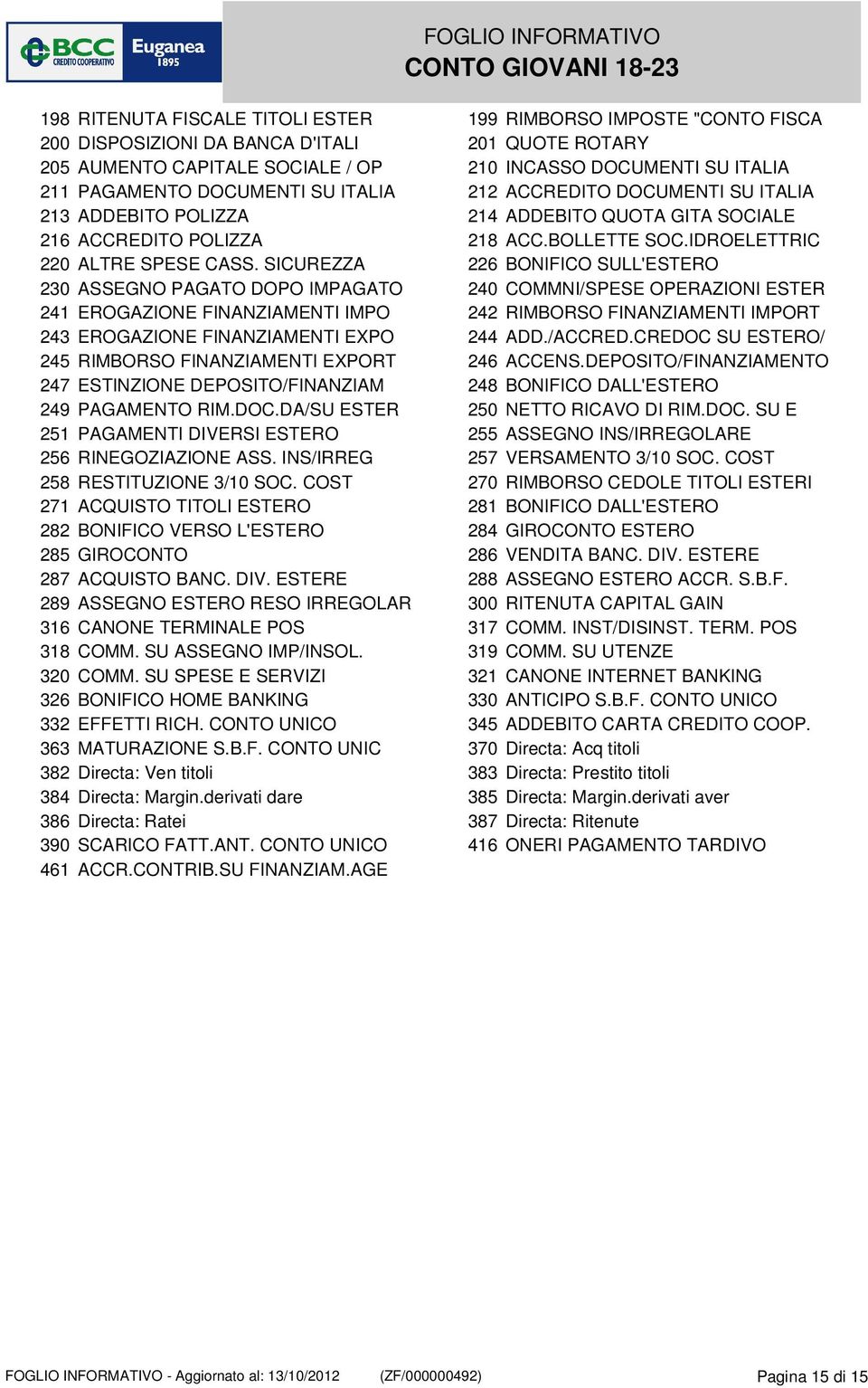 SICUREZZA 226 BONIFICO SULL'ESTERO 230 ASSEGNO PAGATO DOPO IMPAGATO 240 COMMNI/SPESE OPERAZIONI ESTER 241 EROGAZIONE FINANZIAMENTI IMPO 242 RIMBORSO FINANZIAMENTI IMPORT 243 EROGAZIONE FINANZIAMENTI