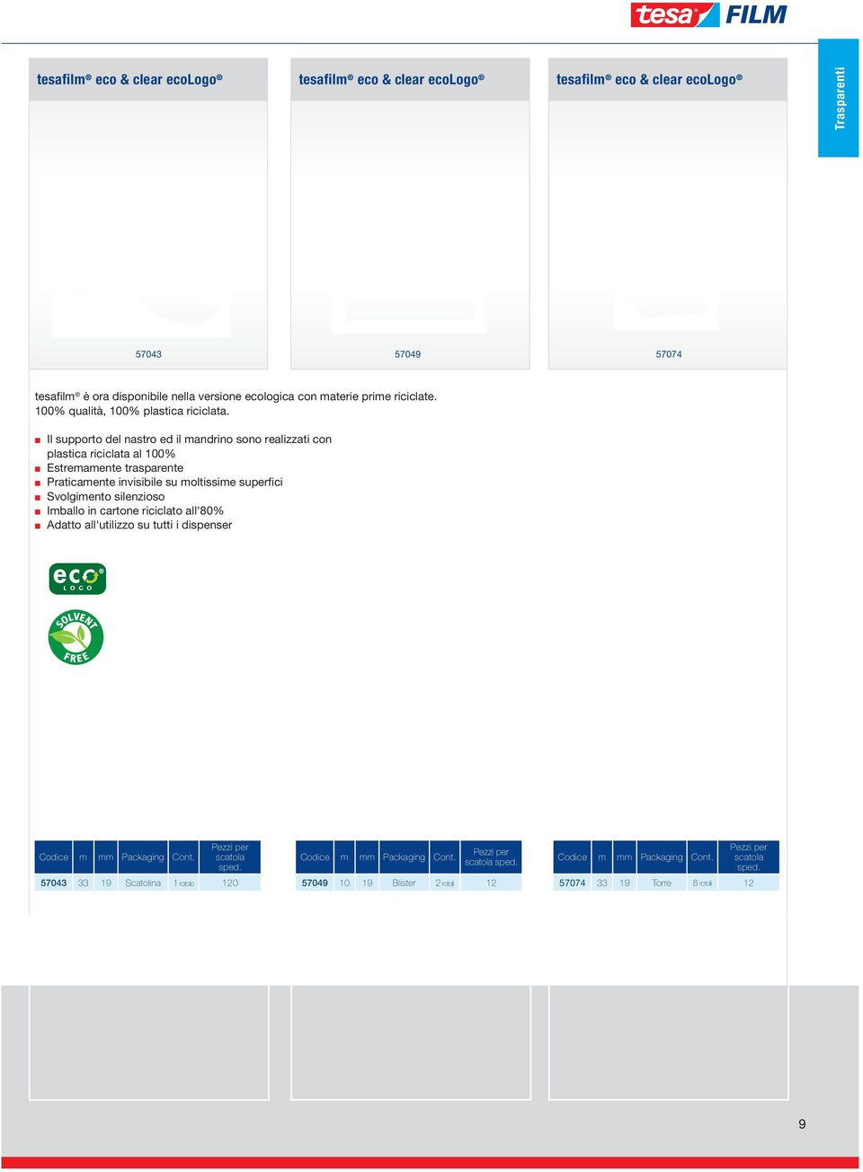 n Il supporto del nastro ed il mandrino sono realizzati con plastica riciclata al 100% n Estremamente trasparente n Praticamente invisibile su moltissime superfici n Svolgimento