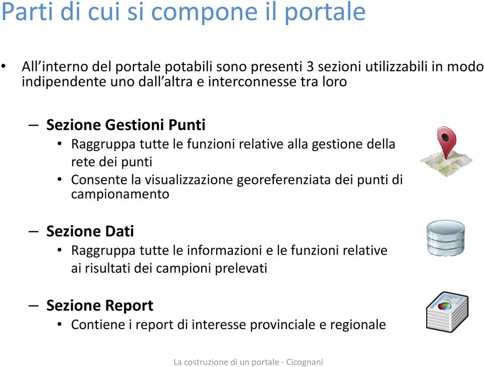 dei punti Consente la visualizzazione georeferenziata dei punti di campionamento Sezione Dati Raggruppa tutte le informazioni