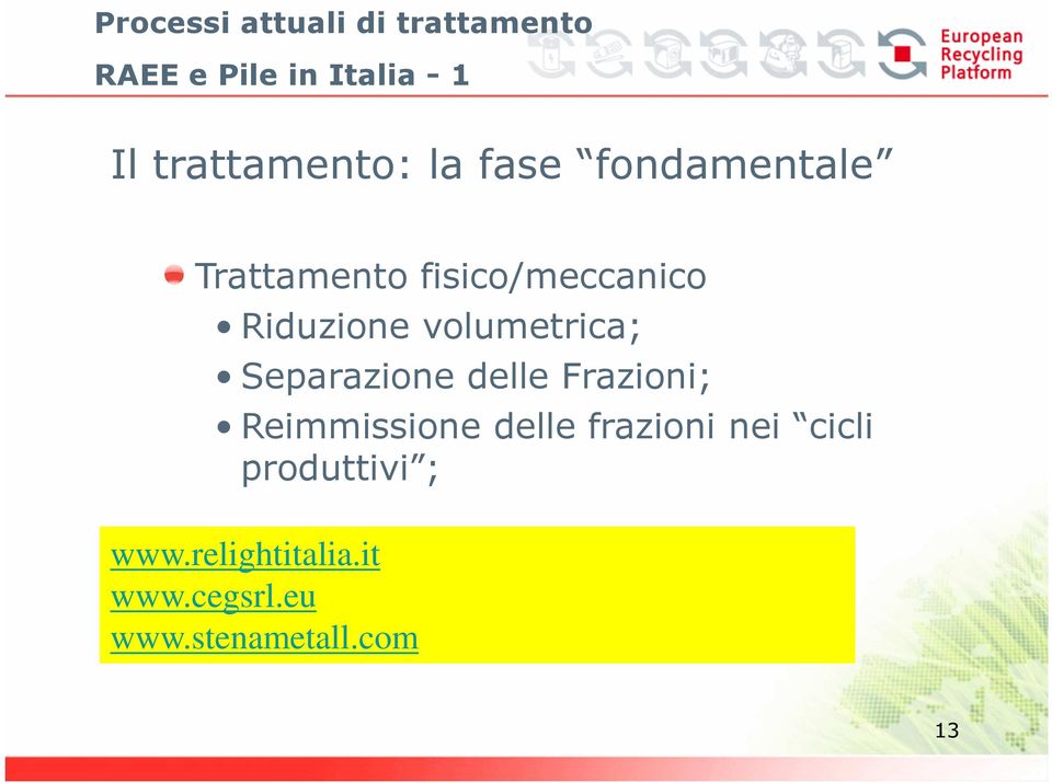 Riduzione volumetrica; Separazione delle Frazioni; Reimmissione delle