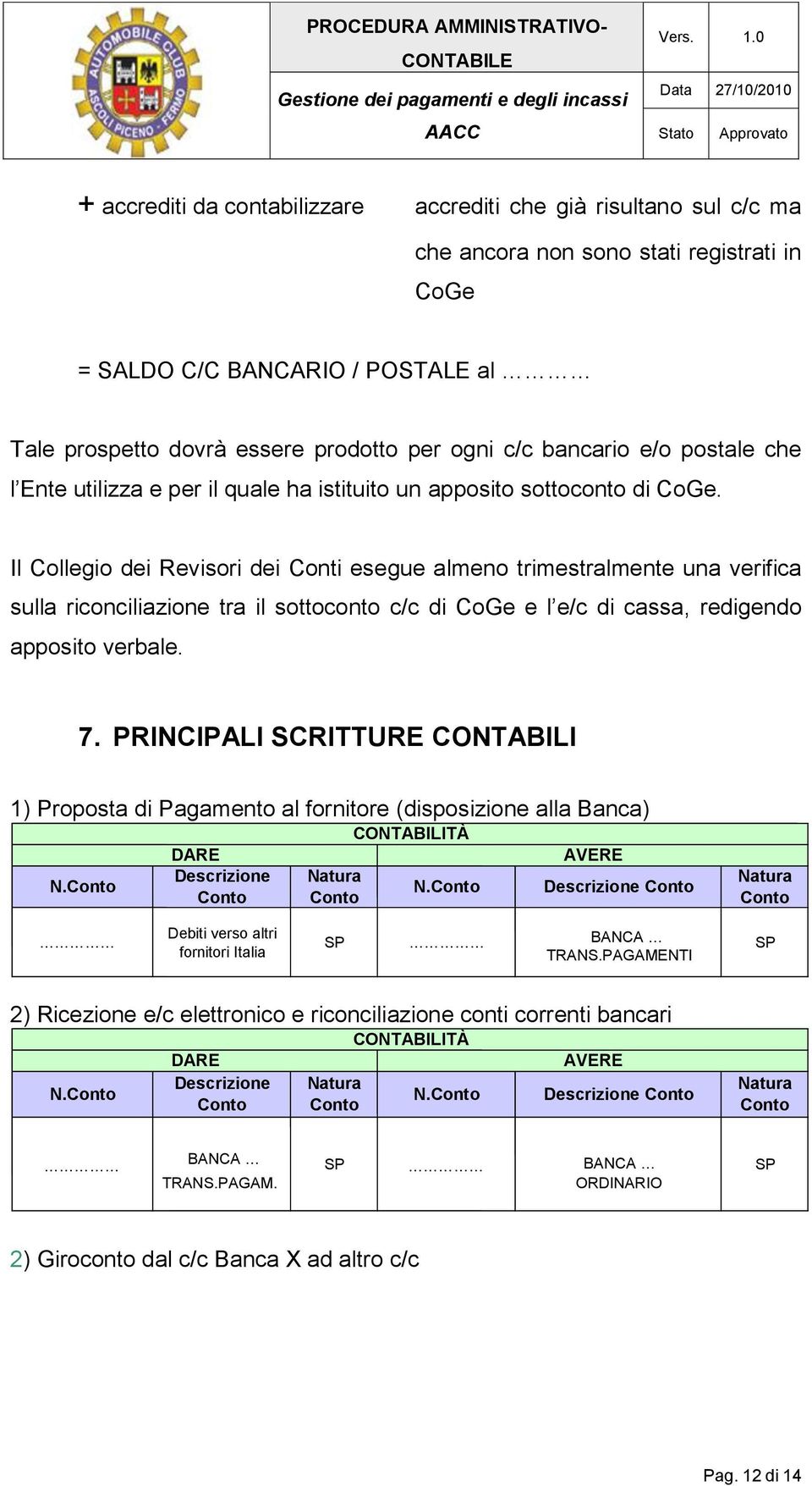 Il Collegio dei Revisori dei Conti esegue almeno trimestralmente una verifica sulla riconciliazione tra il sottoconto c/c di CoGe e l e/c di cassa, redigendo apposito verbale. 7.