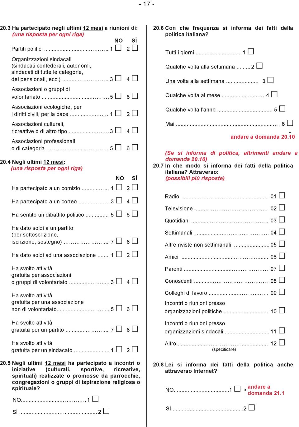 ... 5 6 Associazioni ecologiche, per i diritti civili, per la pace.... 1 2 Associazioni culturali, ricreative o di altro tipo..... 3 4 Associazioni professionali o di categoria....... 5 6 20.