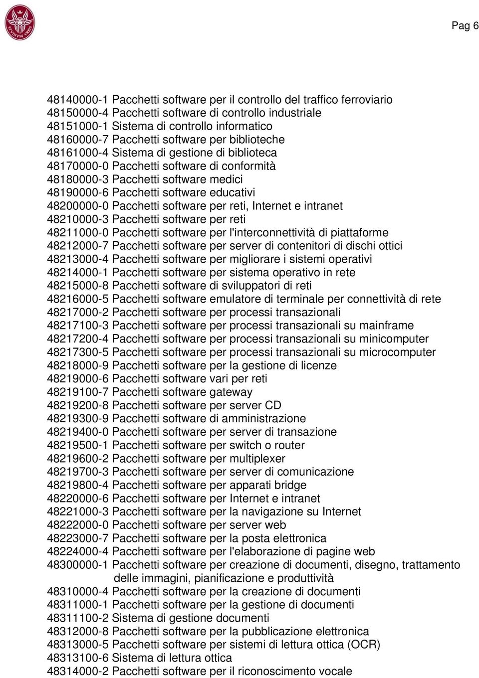 48200000-0 Pacchetti software per reti, Internet e intranet 48210000-3 Pacchetti software per reti 48211000-0 Pacchetti software per l'interconnettività di piattaforme 48212000-7 Pacchetti software