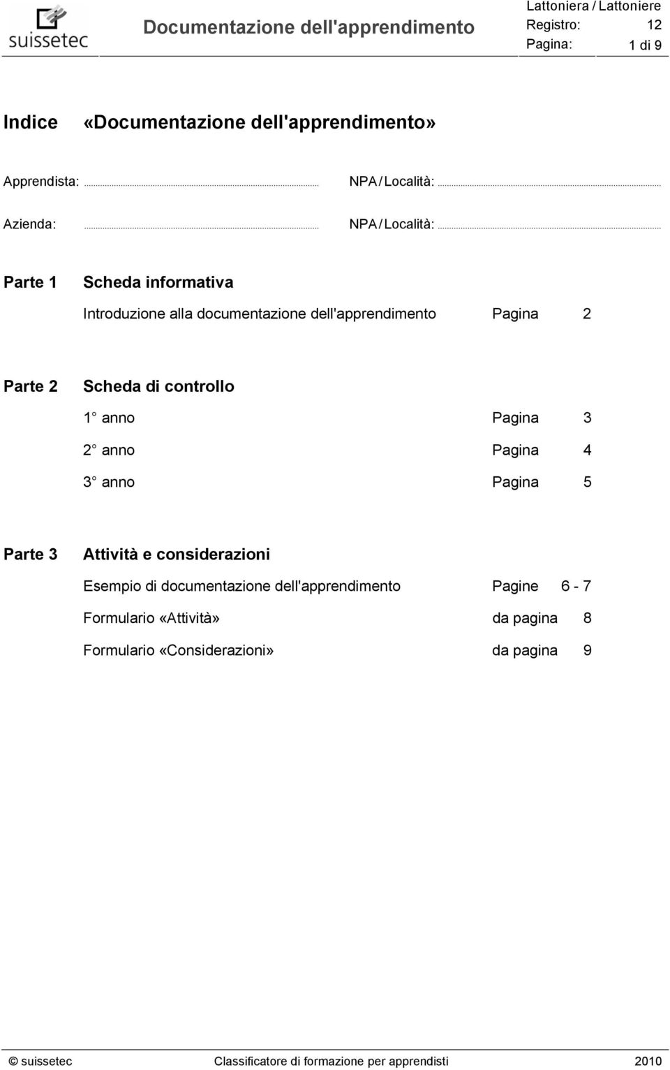 .. Parte 1 Scheda informativa Introduzione alla documentazione dell'apprendimento Pagina 2 Parte 2 Scheda di