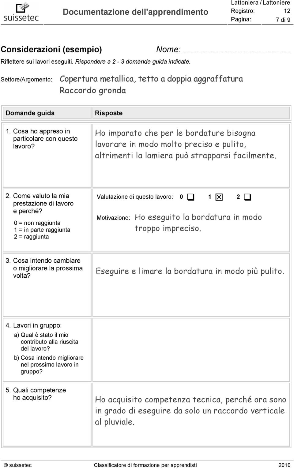 Ho imparato che per le bordature bisogna lavorare in modo molto preciso e pulito, altrimenti la lamiera può strapparsi facilmente. 2. Come valuto la mia prestazione di lavoro e perché?