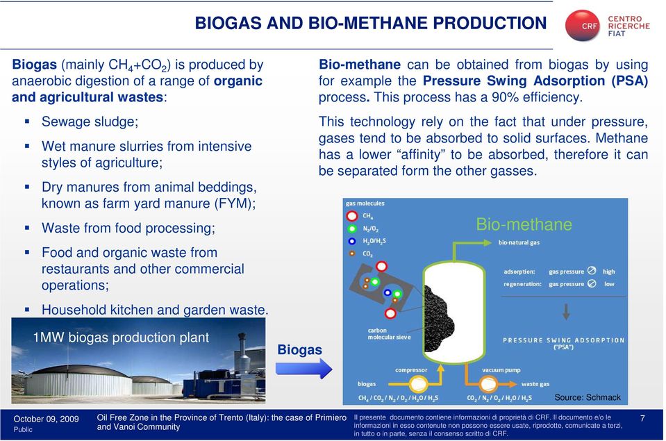 Household kitchen and garden waste. 1MW biogas production plant Biogas Bio-methane can be obtained from biogas by using for example the Pressure Swing Adsorption (PSA) process.