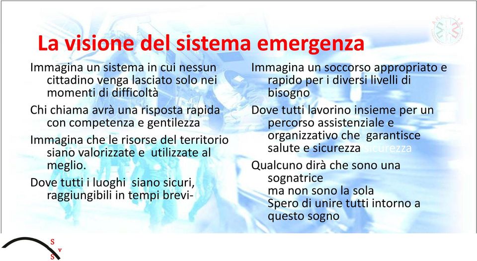 Dove tutti i luoghi siano sicuri, i raggiungibili in tempi brevi Immagina un soccorso appropriato e rapido per i diversi livelli di bisogno Dove tutti