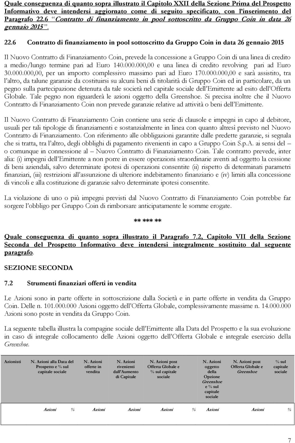 6 Contratto di finanziamento in pool sottoscritto da Gruppo Coin in data 26 gennaio 2015 Il Nuovo Contratto di Finanziamento Coin, prevede la concessione a Gruppo Coin di una linea di credito a