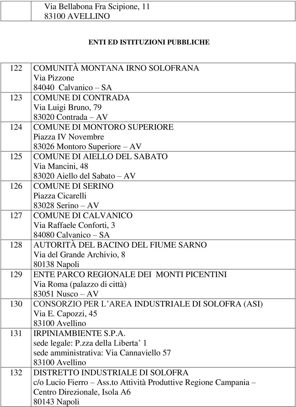 Cicarelli 83028 Serino AV 127 COMUNE DI CALVANICO Via Raffaele Conforti, 3 84080 Calvanico SA 128 AUTORITÀ DEL BACINO DEL FIUME SARNO Via del Grande Archivio, 8 80138 Napoli 129 ENTE PARCO REGIONALE