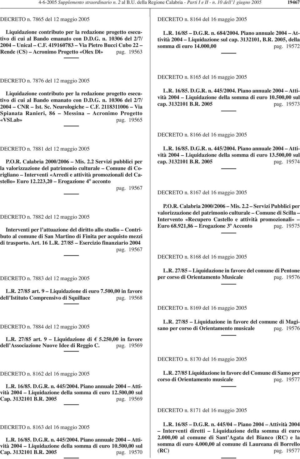 419160783 Via Pietro Bucci Cubo 22 Rende (CS) Acronimo Progetto «Olex Dl» pag. 19563 DECRETO n. 8164 del 16 maggio 2005 L.R. 16/85 D.G.R. n. 684/2004.