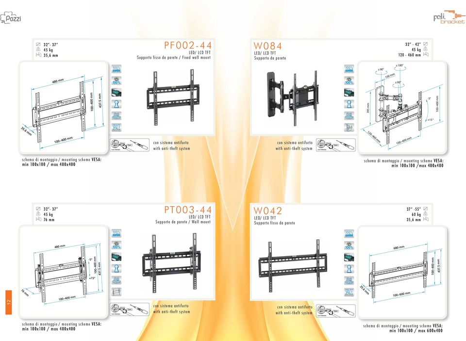 32-37 45 kg 76 mm m m ~4 100 m 00 m s c he m a d i m o nt a g g i o / m ou n tin g sch e m e V E S A: m i n 10 0 x 100 /max 400x 400 PT003-4 4 L ED / LC D T F T Su pporto da pare te / W al l m o u nt