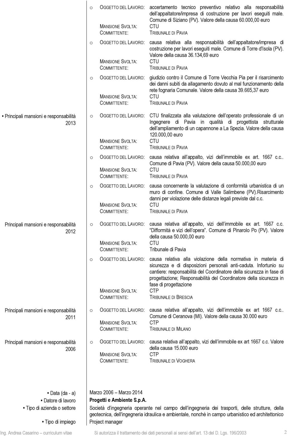 000,00 eur TRIBUNALE DI PAVIA OGGETTO DEL LAVORO: causa relativa alla respnsabilità dell appaltatre/impresa di cstruzine per lavri eseguiti male. Cmune di Trre d Isla (PV). Valre della causa 36.