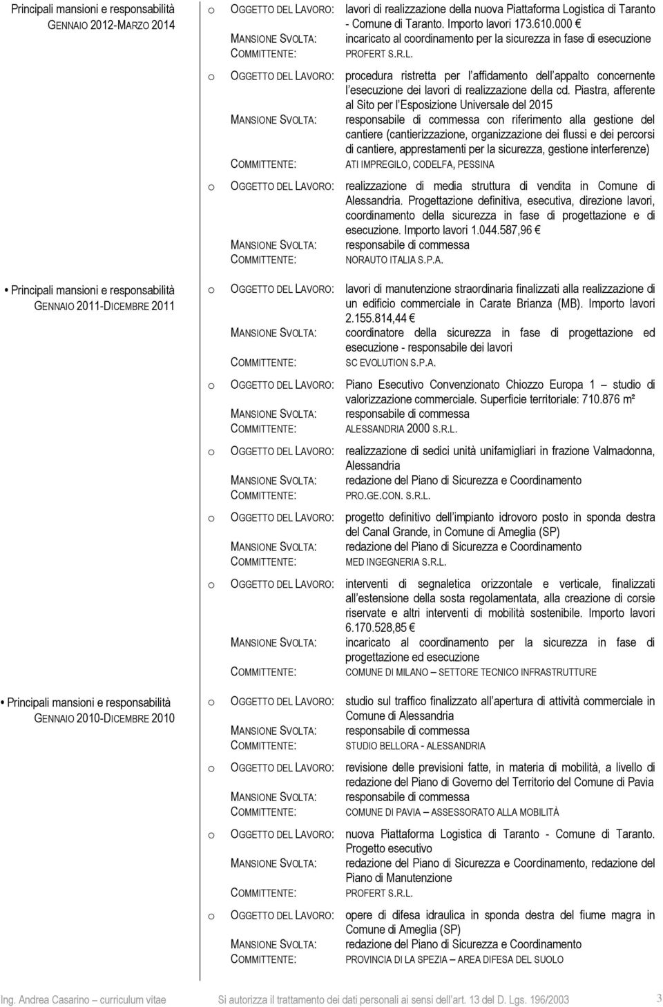 000 MANSIONE SVOLTA: incaricat al crdinament per la sicurezza in fase di esecuzine OGGETTO DEL LAVORO: prcedura ristretta per l affidament dell appalt cncernente l esecuzine dei lavri di realizzazine